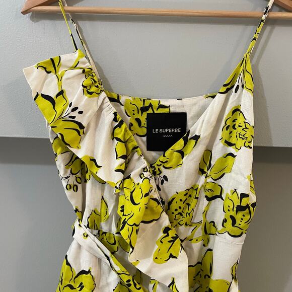 Le Superbe Palm Beach Ruffle Wrap Dress SZ 4 Yellow Floral Mini Dress Going Out - Picture 11 of 12